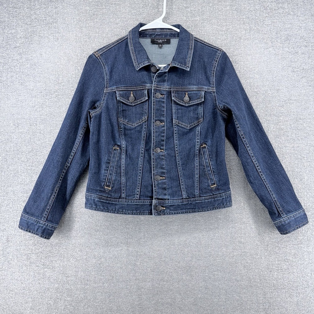 Talbots Cropped Jean Jacket Women Size Small Petite Dark Blue Denim Casual